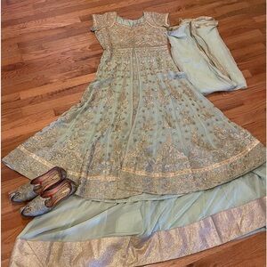 Mint Green Embellished Flutter Sleeve Maxi Gown